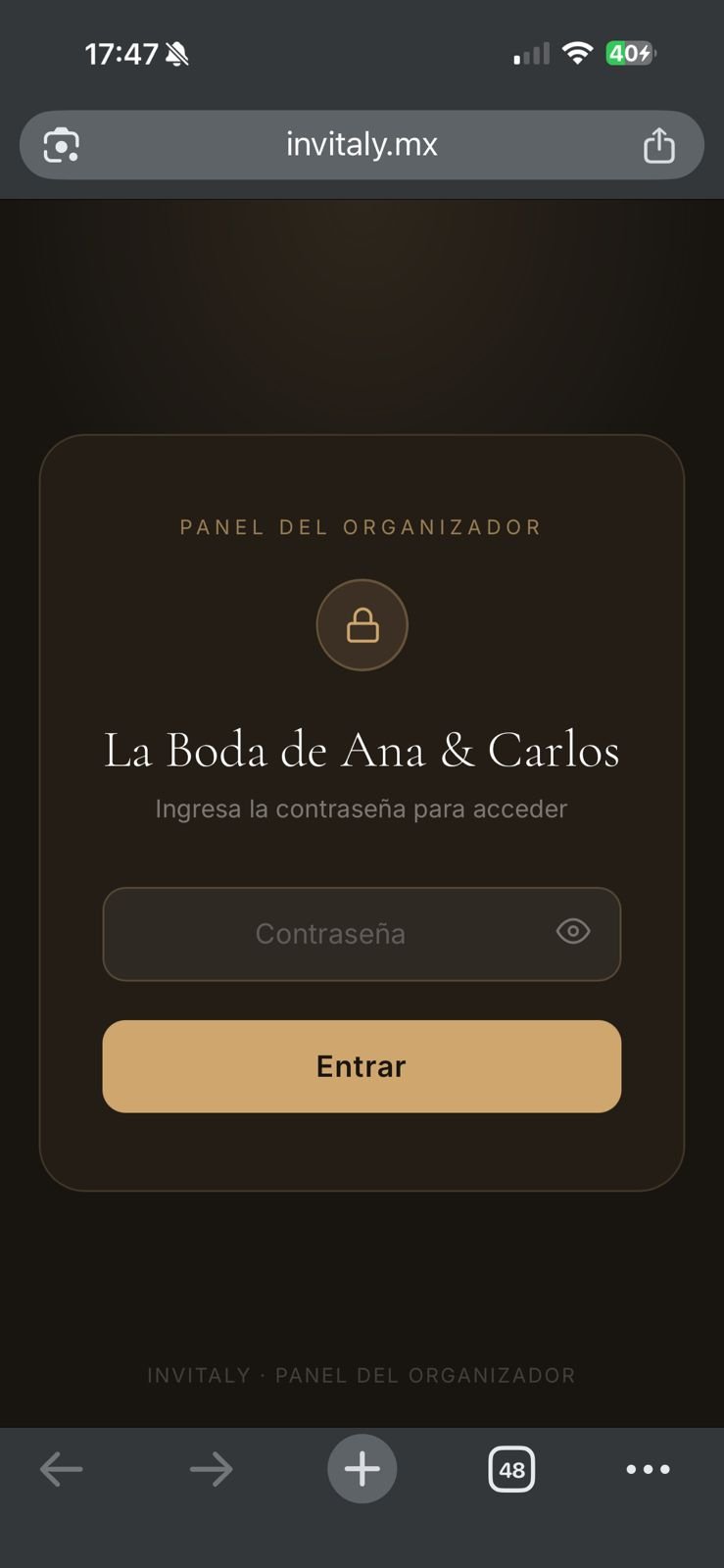 Acceso al panel del organizador de Invitaly