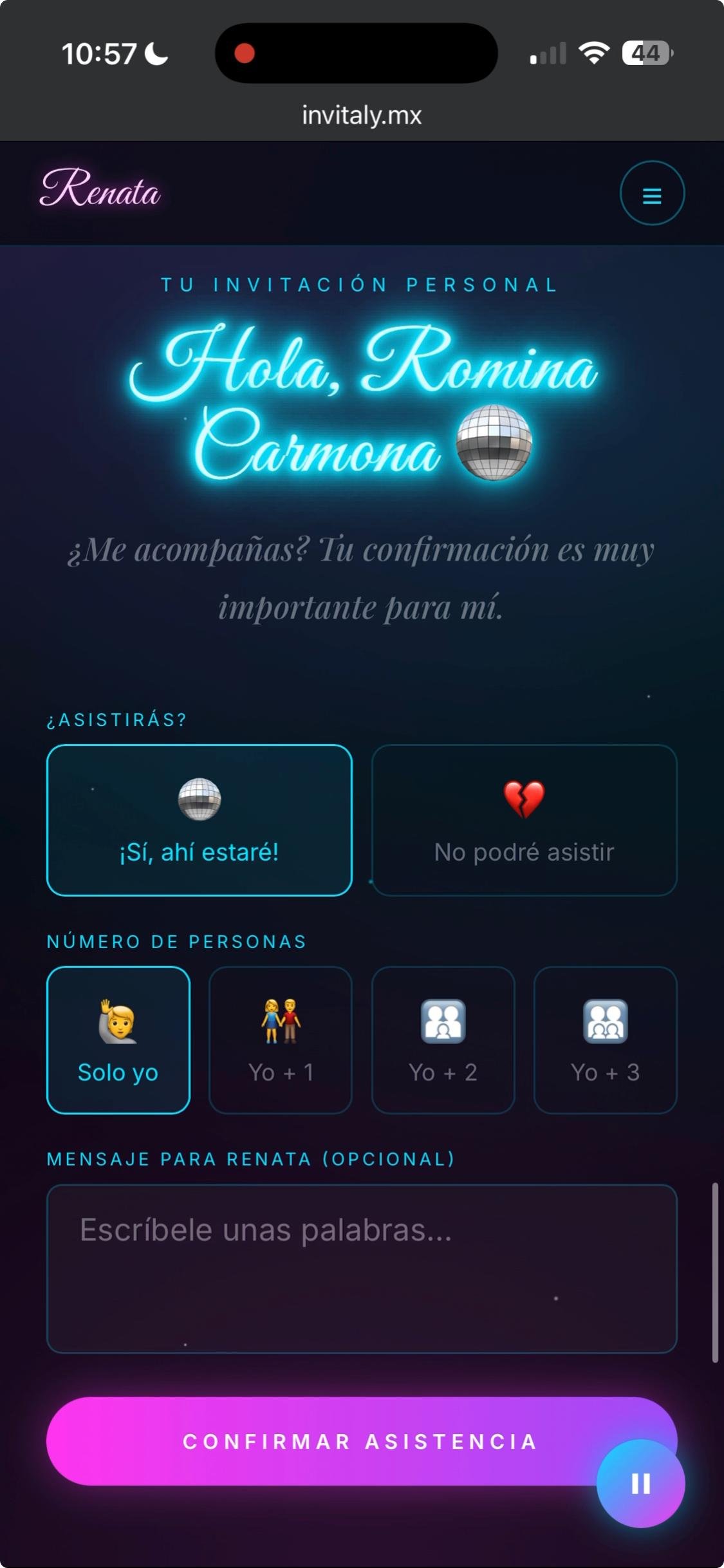 Sección de confirmación de asistencia que ve el invitado