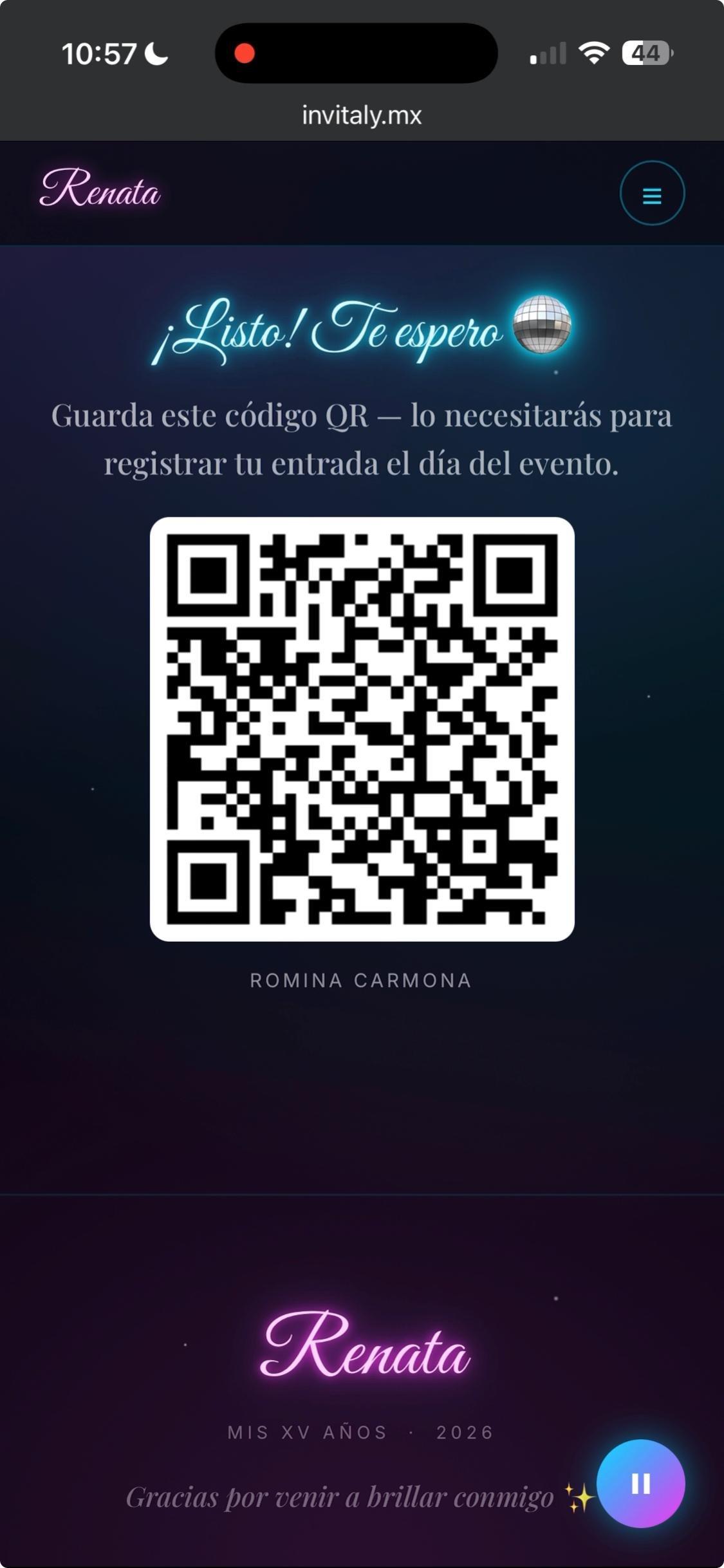 Pase con código QR generado tras confirmar asistencia